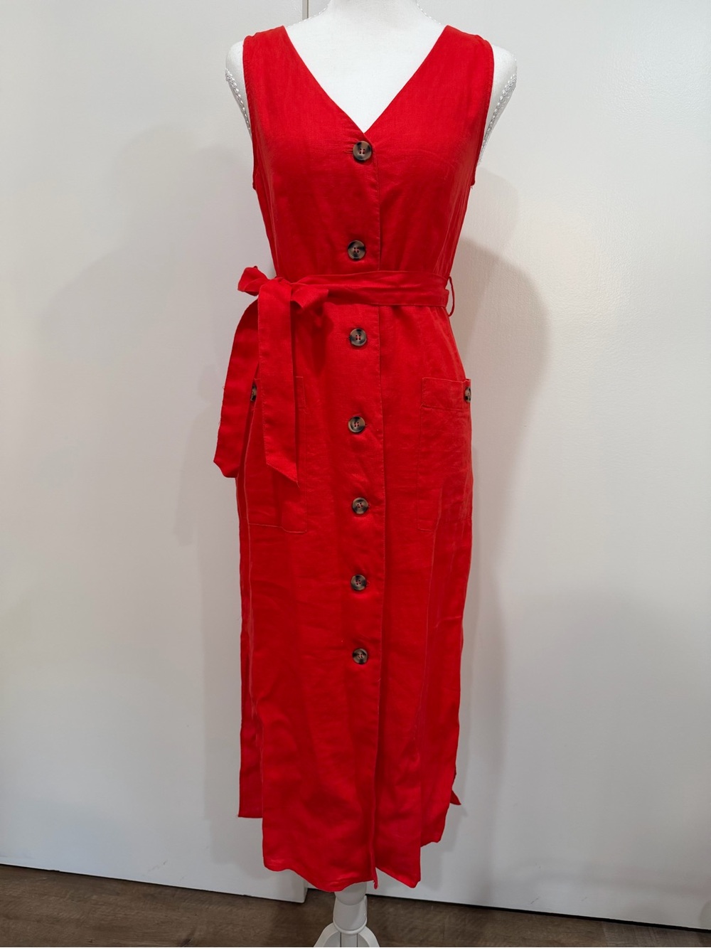 Mango Red Sleeveless Button-Front Maxi Dress with Waist Tie
